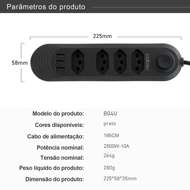 Power Filter, 4 Plug Extensions, 2M Extension Cable, 3 USB Charging Ports, 2500W, Brazilian Socket