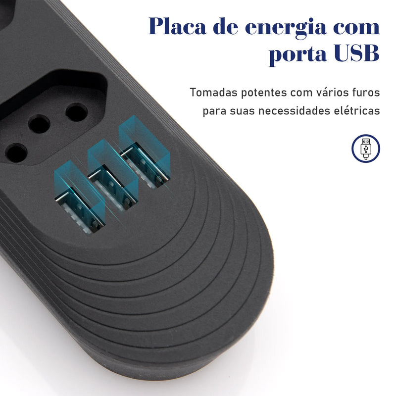Power Filter, 4 Plug Extensions, 2M Extension Cable, 3 USB Charging Ports, 2500W, Brazilian Socket