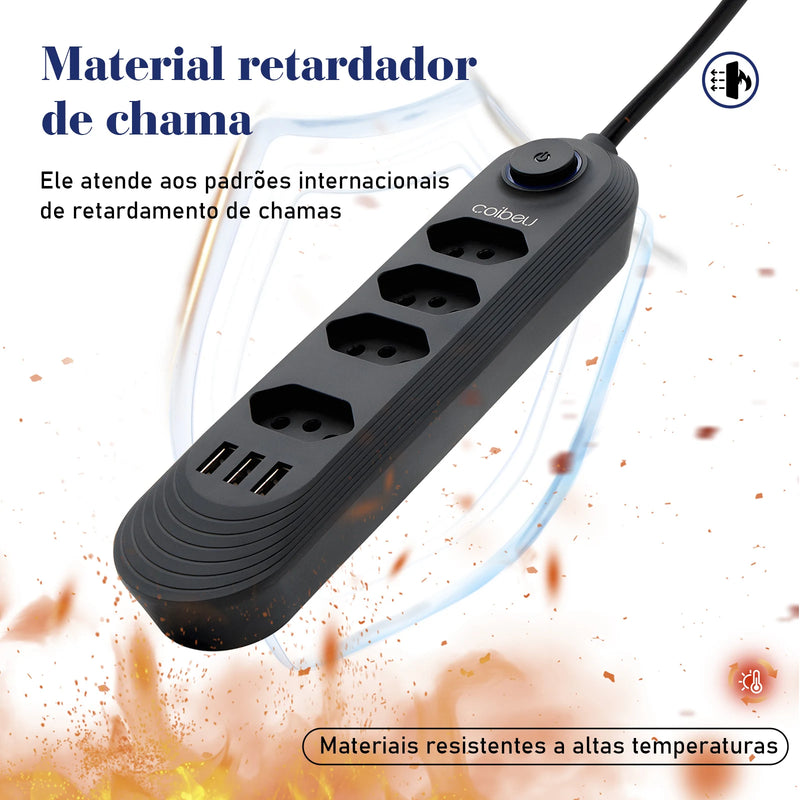 Power Filter, 4 Plug Extensions, 2M Extension Cable, 3 USB Charging Ports, 2500W, Brazilian Socket