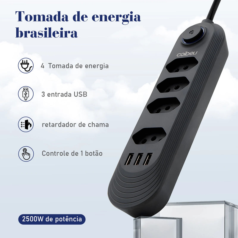 Power Filter, 4 Plug Extensions, 2M Extension Cable, 3 USB Charging Ports, 2500W, Brazilian Socket