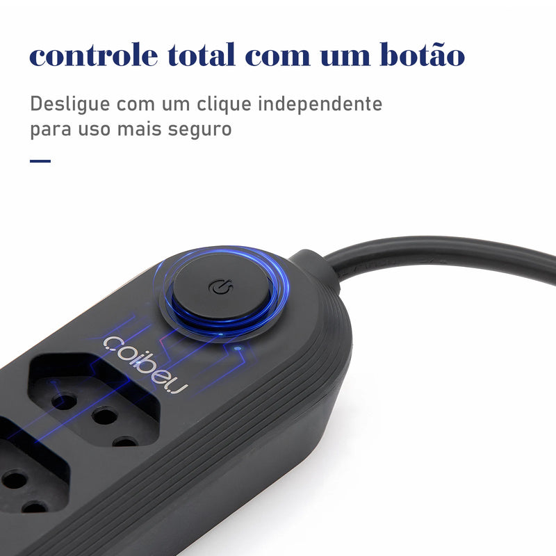 Power Filter, 4 Plug Extensions, 2M Extension Cable, 3 USB Charging Ports, 2500W, Brazilian Socket