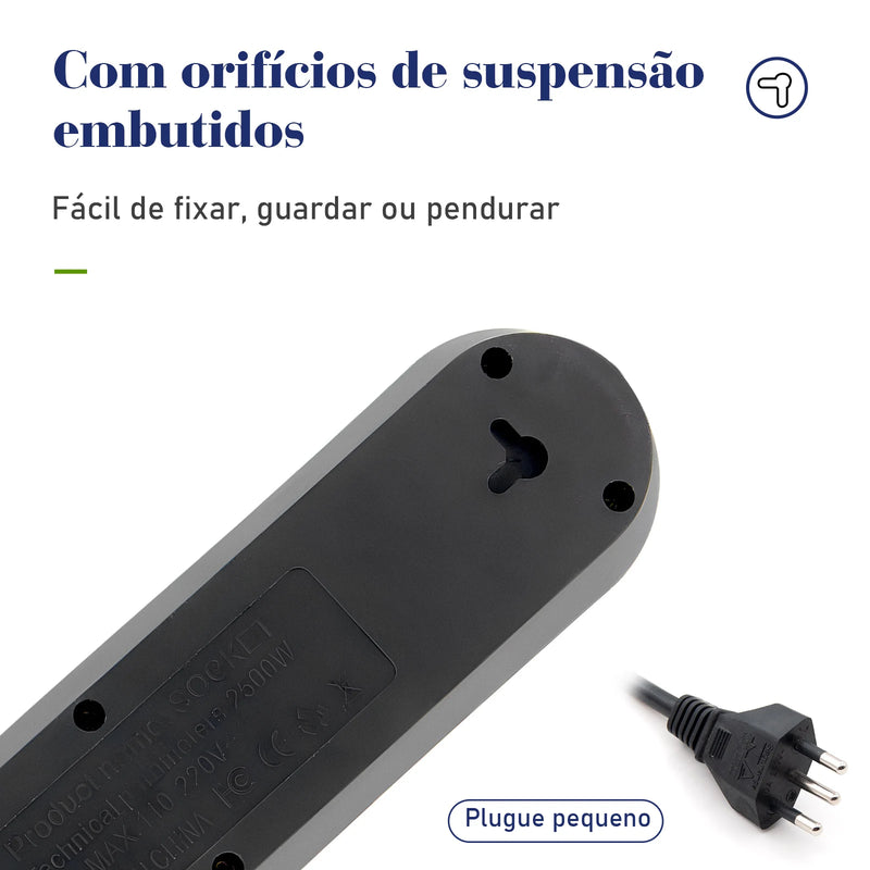 Power Filter, 4 Plug Extensions, 2M Extension Cable, 3 USB Charging Ports, 2500W, Brazilian Socket