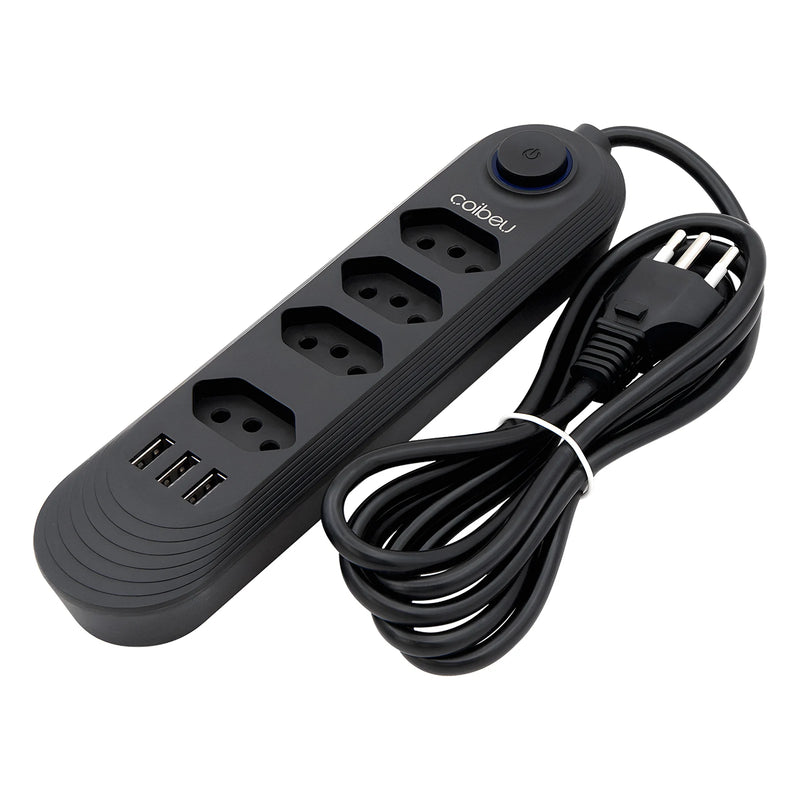 Power Filter, 4 Plug Extensions, 2M Extension Cable, 3 USB Charging Ports, 2500W, Brazilian Socket